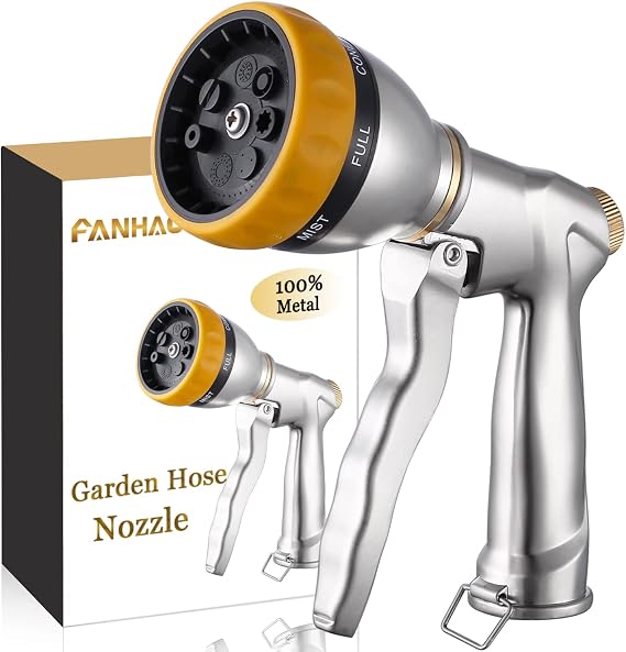 FANHAO Garden Hose Nozzle Heavy Duty, 100% Metal Spray Nozzle High Pressure Water Hose Nozzle with 7 Patterns for Watering Garden, Washing Cars and Showering Pets