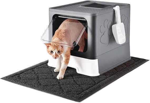 Medario Cat Litter Box with X-Large Litter Mat and Scoop, Large Foldable Litter Box with Lid, Enclosed Kitty Box,Front Top Entry Exit, Odor Control Easy to Clean (Upgrade Dark Grey)