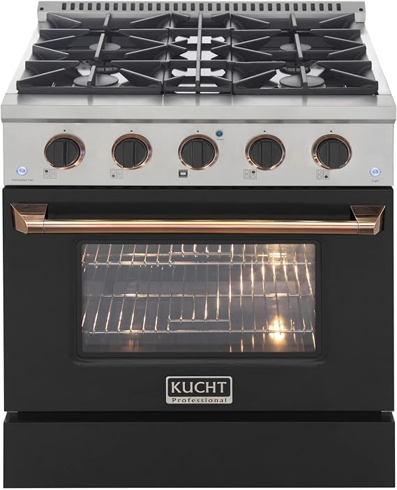 KUCHT Professional 30 in. 4.2 cu. ft. Natural Gas Range with Sealed Burners and Convection Oven in Stainless Steel with Black Oven Door, Black Knobs and Gold Handle & Gold Ring Knobs