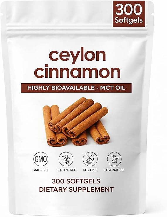 Ceylon Cinnamon Softgels with MCT Oil, Herbal Extract Cinnamon Supplements from Sri Lanka, Non-GMO, Gluten Free, 300 Soft Gels