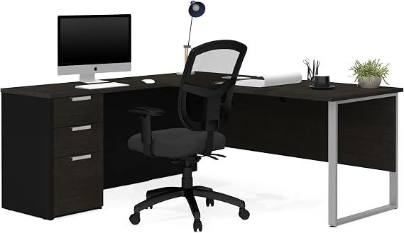 Bestar L-Shaped Desk with Drawers, Grey and Black, Pro-Concept Plus, 72W | With Drawers; with Table Desk, Return Table, Add-On Pedestal; 1 file drawer, 2 box drawers; for home office use
