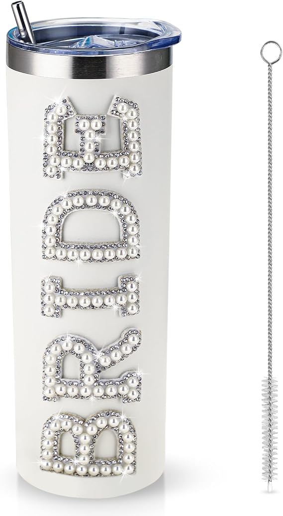 Zhehao Bride Cups Tumbler 20 oz Bachelorette Gift, White, Pearl Bride
