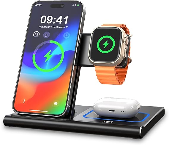 EXW [2024 Upgraded] Charging Station, Charging Station for Apple Devices, Wireless Charger for iPhone 16 15 14 13 12 11 Pro Max XR XS 8, Apple Watch and AirPods(Adapter Not Included)(Rock Black)