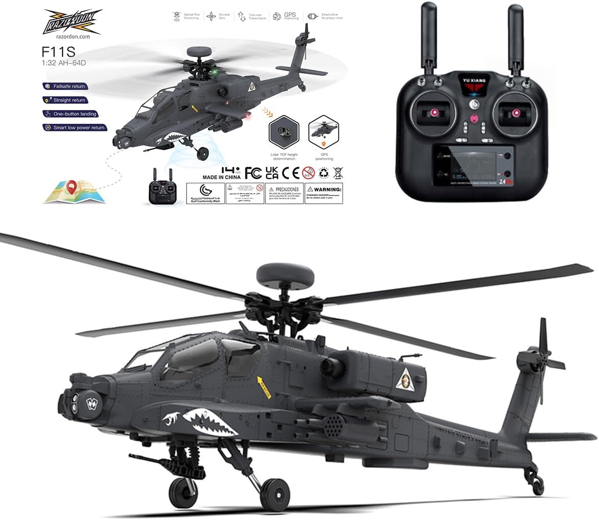 F11-S AH64 RC Helicopter for Adults, 132 Scale 2.4G 6CH Dual-axis Co-Drive Flybarless Stunt RC Military Helicopter with GPS Flight Control System and Camera RTF GPS Smart Version