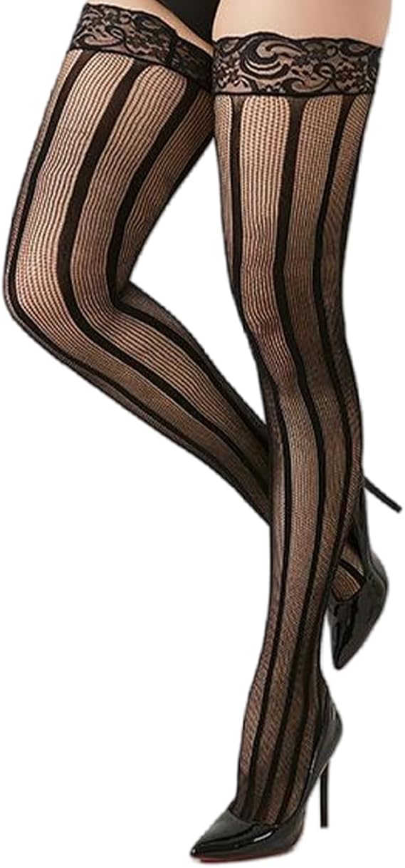 Lace Trim Striped Fishnet Thigh High Stockings, Black, Sheer Knee High Stockings