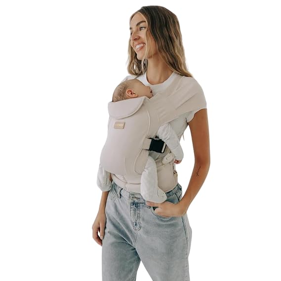 Tushbaby Pearl Wrap Baby Carrier for Newborns 820 lbs, Hands-Free Ergonomic Infant Carrier with Storage, Bottle & Wipe Holder, Adjustable Soft Fabric, Cream