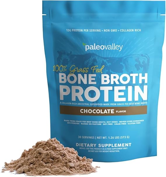 Paleovalley 100% Grass Fed Bone Broth Protein Powder, Chocolate | Collagen Rich, Digestive and Gut Health Support, Joint Support Hair, Skin and Nail Support, 13g Protein