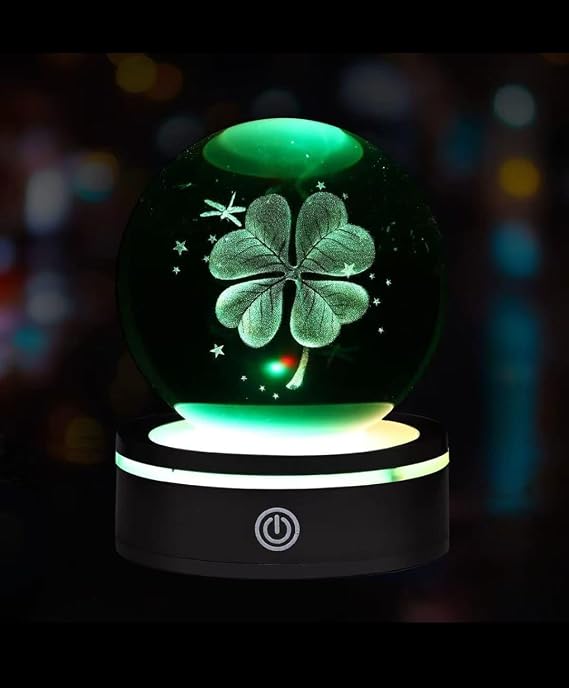 MR ışıklı Dönen 3D Kristal Cam Küre Büyük boy Usb'li Gece Lambası,LED, Harika bir hediye (Yonca) [Enerji Sınıfı A]
