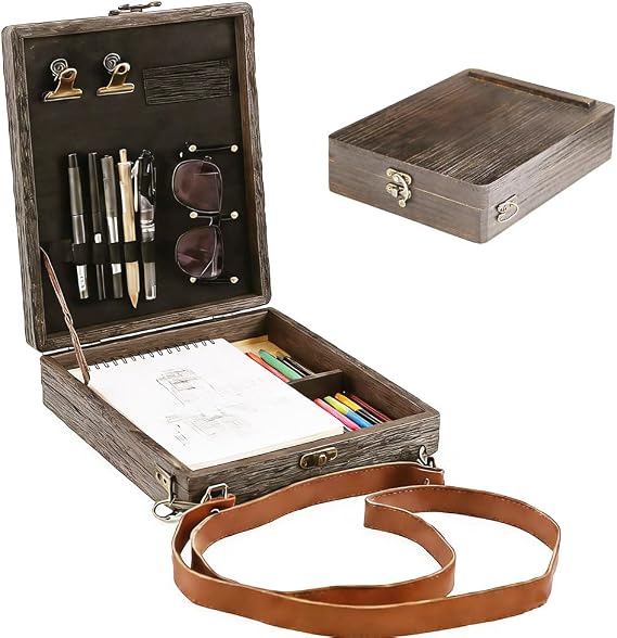 YCOSAN Writers Messenger Wood Box, Multifunctional Travel Art Bag Wooden Writers Bag Pochade Box Sketch Easel for Outdoor Painting (Carbon color)