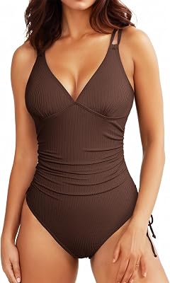 Aleumdr One Piece Swimsuit for Women Ruched Tummy Control Bathing Suit V Neck Tie Side Swimwear Available in Plus
