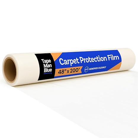 TapeManBlue Carpet Protection Film, 48 inch x 200 feet, Made in The USA, Strong and Durable Plastic Carpet Protector with Easy Unwind and Clean Removal, Clear Self-Adhesive Surface Protective Film