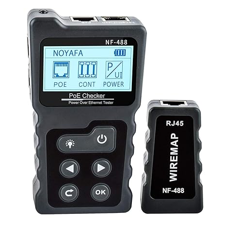 NOYAFA-NF-488 PoE Tester Inline Tester Power Over Ethernet Voltage Current Tester Test for POE Testing, Network Cable Continuity Checking, DC Power & Switch Loop-Back Test PoE Detector