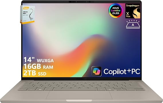 ASUS Zenbook A14 AI PC Laptop | 14" WUXGA OLED (100% DCI-P3) | Qualcomm Snapdragon X Plus (Up to 45 Tops) | 16GB RAM 2TB SSD | for Creator Business Professional Win11 w/DLCA Accessory