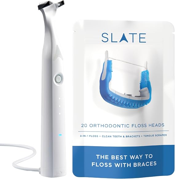 Slate Pro 3-in-1 Electric Flosser for Braces, 14,000 Sonic Vibrations Set | 400 woven floss strands, Gum Sweeps, triple-row tongue scraper, 3 sonic speeds, braces care, reusable PFAS/PTFE-free heads