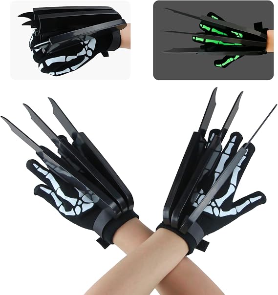 Retractable Wolf Claws with Halloween Skull Bone Gloves(Black)