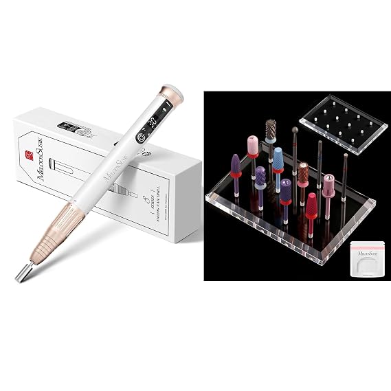 MelodySusie Pen-Shaped Stepless Speed Adjustment Cordless Nail Drill SM220G and Nail Drill Bits Holder with 12 Holes