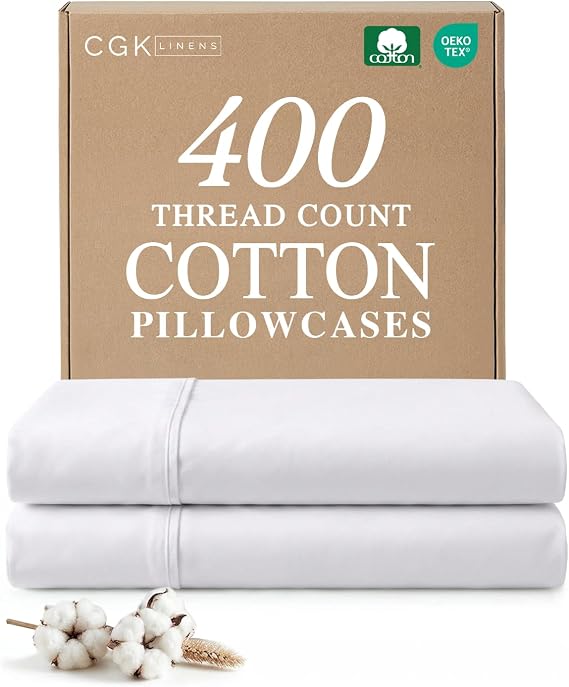 100% Cotton Pillow Cases Queen Size - 400 Thread Count - Set of 2, White