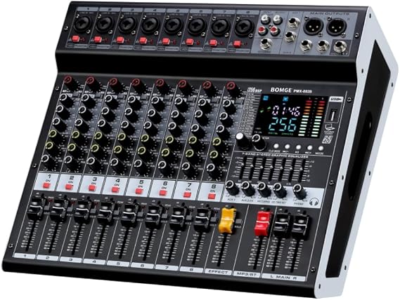 BOMGE Powered Mixer 8 Channel -2x400W Amplifier r w/USB Drive for PC Recording - XLR Mic Input - 48V Power - 7-Band EQ - RCA I/O -256 DSP Processor for Professional & Beginners