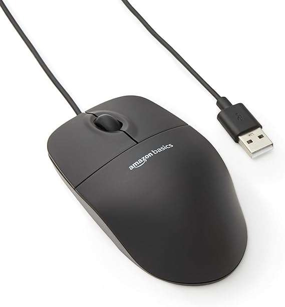Amazon Basics 3-Button USB Wired Mouse with Responsive Tracking, Plug & Play, Compatible with Windows and Mac, Black