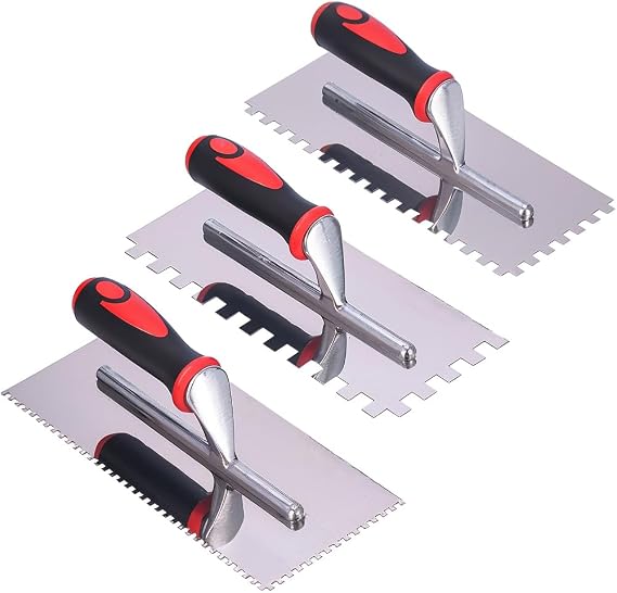 Stainless Steel Square Notched Trowel Set - 3 Piece Kit (5/32", 5/16", 1/2" Notch Sizes) for Wall & Floor Tile Installation - Masonry Tiling Hand Tools