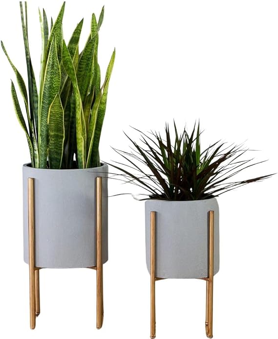 Aspire Mid-Century Modern Planter Set of 2, Gray Indoor Plant Pots with Golden Metal Stand, Home Decor Planters for Plants, Hallway, Bedroom, Living Room