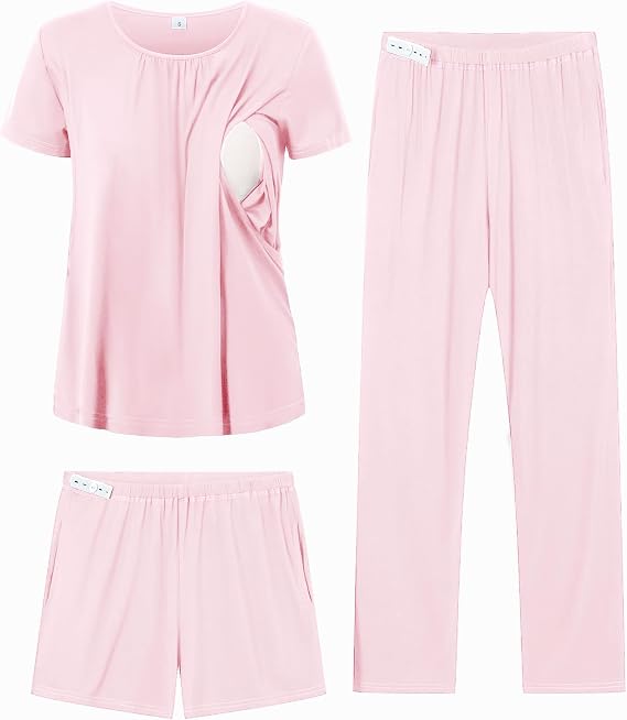 DIKFA Maternity Pajamas Set 3Pcs Double Layer Nursing Pjs with Pockets 3 in 1 for Pregnancy, Breastfeeding, Postpartum
