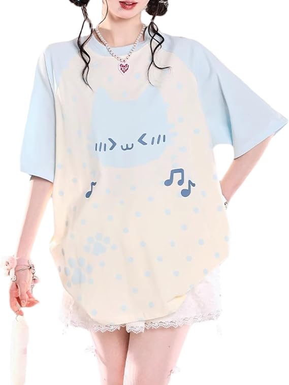 Summer Tops for Teens Cutecore Clothes Womens Japanese Kawaii Cat Graphic Tees Funny Oversized Casual T Shirts