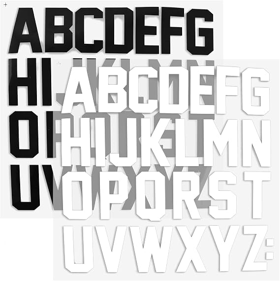 52PCS Iron-On Letters for Clothing - 2 Inch Black and White Heat Transfer Letter Patches for Sport T-Shirts, Team Name, Clothes Slogan Printing DIY Crafts