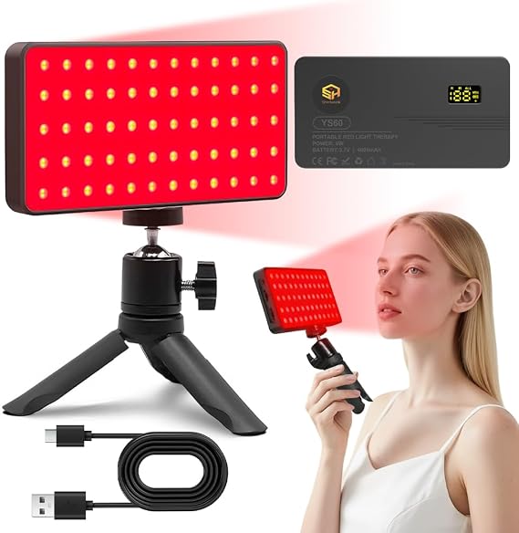 Red Light Lamp Panel, 660nm & 850nm Red Light Lamp with 60 LEDs 3-in-1 Chips, 0-100% Brightness Adjustment & 10/20/30min Timer, Rotating Lamp Head with Stand, for Home, Office, Travel