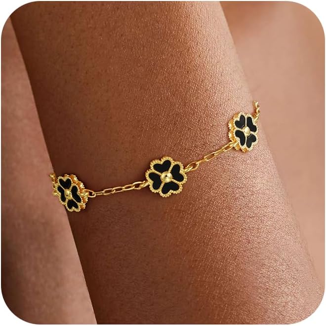Carffordo Clover Bracelets for Women,14K Gold Plated Flower Bracelets | Four Leaf Link Dainty Trendy Bracelets Jewelry Gifts for Women