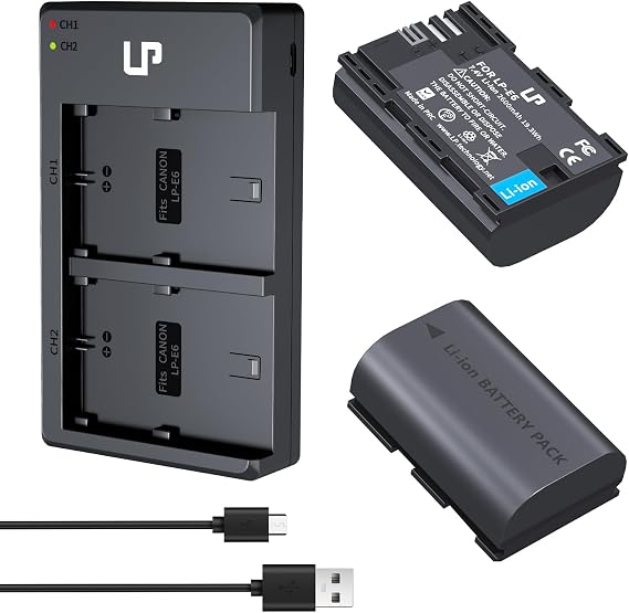 LP LP-E6 E6N Battery Charger Pack, 2-Pack 2600mAh Battery & Dual Charger