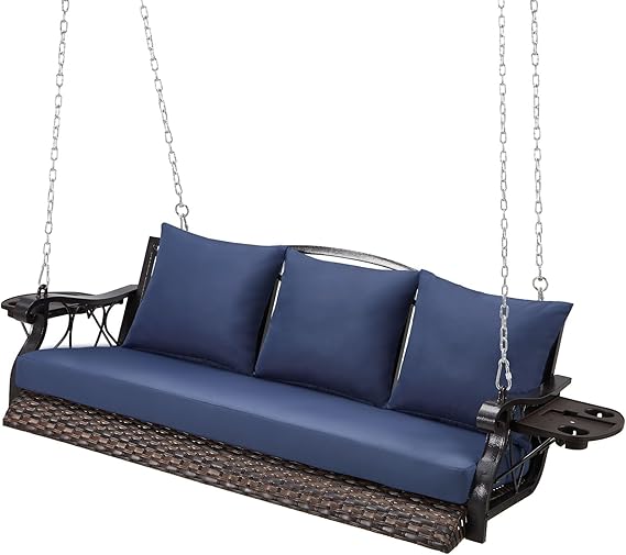 ZZW 3-Person Wicker Porch Swing Chair Heavy Duty 900 LBS Outdoor Rattan Patio Swing Chair w/Cup-Holder & Steel Chains Hanging Bench Porch Swing Cushions for Deck & Backyard & Garden