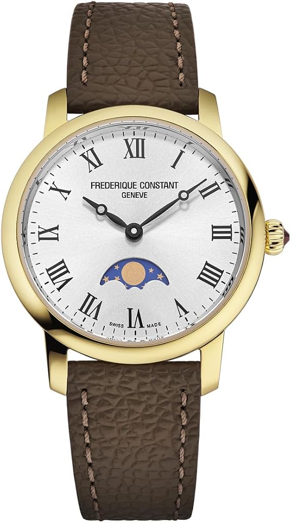 Ladies Swiss Made Classic Quartz Moonphase Gold Stainless Steel Case Watch and Brown Leather Strap, Style: FC-206RS1S5