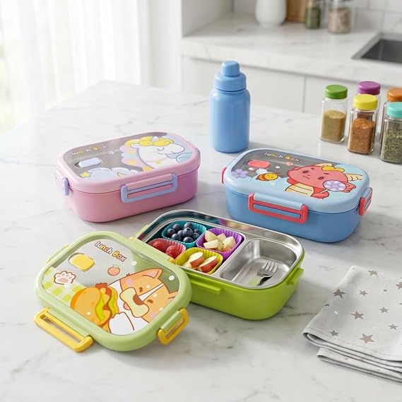 Deconox Paslanmaz Çelik 3 Bölmeli Kilitli Yemek Kabı, 850 ml Renkli Desenli Lunch Box, Çelik İç Hazneli Saklama ve Taşıma Kabı
