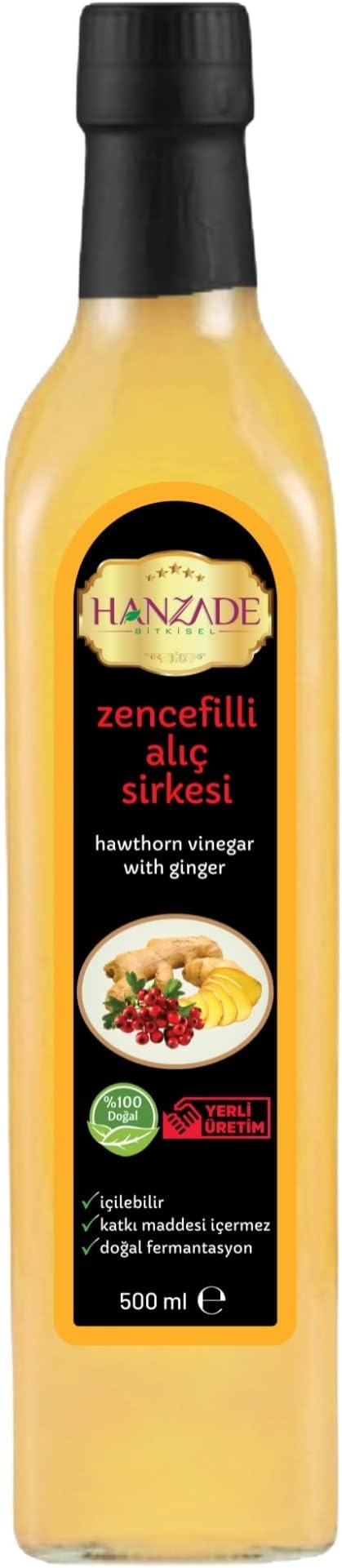 Hanzade Bitkisel Zencefilli Alıç Sirkesi 500 ML Doğal Fermantasyon İçilebilir Katkısız Cam Şişe