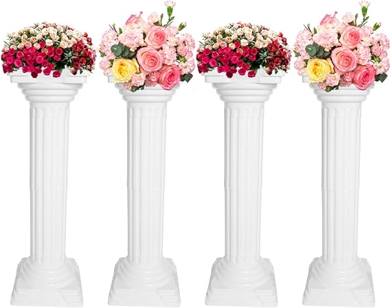 4pcs Wedding Column, 34in Plastic European Wedding Landscaping Pillar, Event Decorative Column White Flower Pot Columns Stand Pedestal Roman Column Pillars Set for Garden, Patio, Lawn