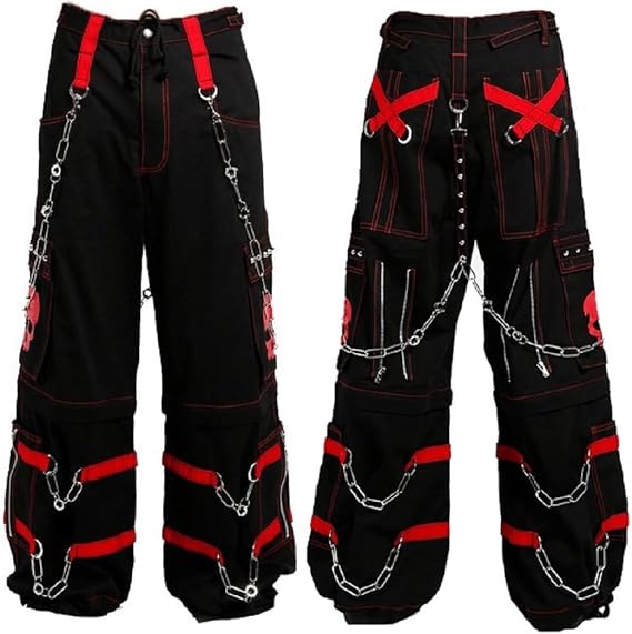 Men's Gothic Bondage Zipp Off Pants/Black & Red Skull Men Alternative Punk Rock Emo Trouser Pant/USA (US, Alpha, Medium, Regular, Regular)