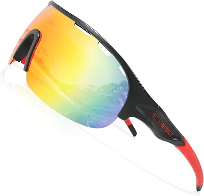 ROCKNIGHT Sports Sunglasses Men Polarized UV Protection Cycling Bike Driving Sun Shades Red Mirrored Sunglasses Semi Rimless