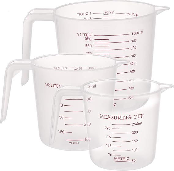3 Pcs Plastic Measuring Jug Baker Set, 250ML/500ML/1000ML, Plastic Measuring Cup with Handle, BPA-Free Measuring Jug for Baker Kitchen, Clear&Easy to Read Measurements - No Dishwasher