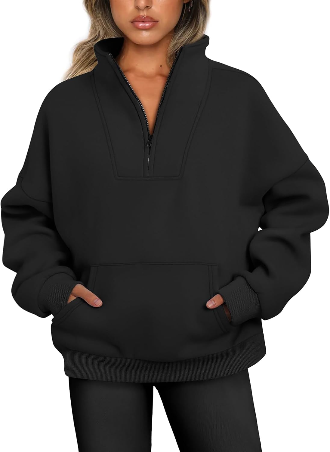 Jhsnjnr Women's Quarter Zip Jumpers Fleece Lined Pullover Sweater Tops Plain Oversized Sweatshirts