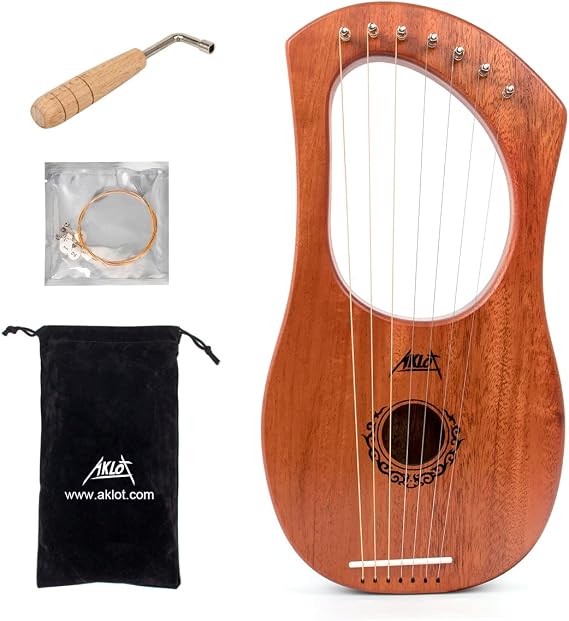 7 String Lyre Harp, AKLOT 7 Metal Strings Lye Harp Bone Saddle Mahogany with Tuning Wrench and Black Gig Bag