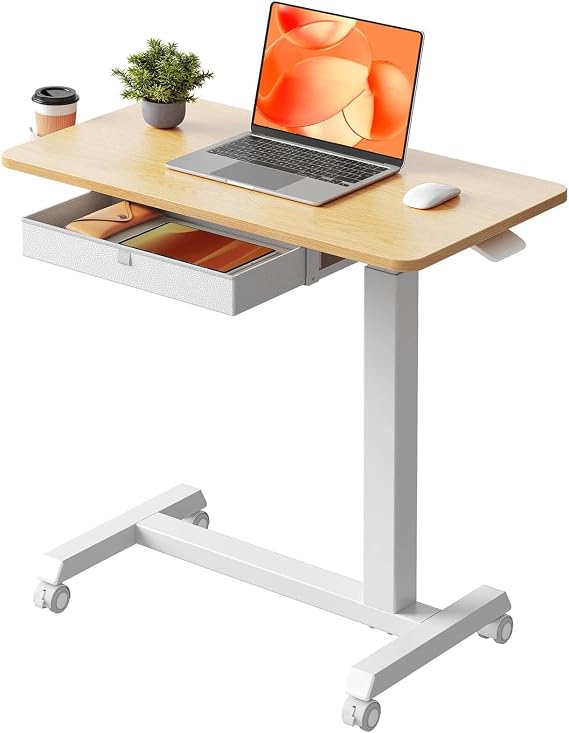 Mobile Bedside Table with Wheels, Height Adjustable 65-95cm Computer Desk Standing Workstation Drawer Desk Rolling Overbed Table for Offices, Home, Medical Wood Color