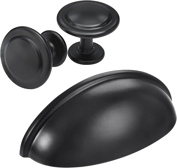 HOMOTEK 5 Pack Bin Cup Pulls& 10 Pack Cabinet Knobs Zinc Stepped Round Dresser Handles,Kitchen,Cupboard, Bathroom, Wardrobe, Cabinet Hardware, Black