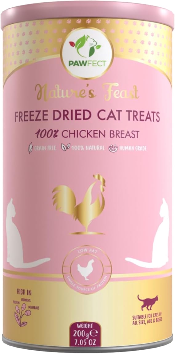 Pawfect Nature's Feast Freeze-Dried Chicken Treats for Cats - 100% Chicken Breast - Low Fat for Weight Control & Muscle Care - 100% Natural - Grain-Free - Hypoallergenic - Training Treat (200g/7.05oz)