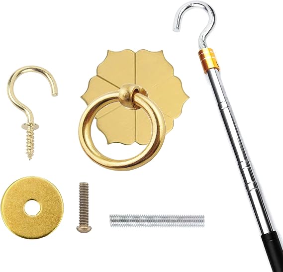 Ladder Pull Down System Kit - BCEHACBITI Attic Pull System Hook Cord Set Replacement for Cord Ropes with 60 Inch Extension Pole and Copper Storage Hook Handle Parts Tool