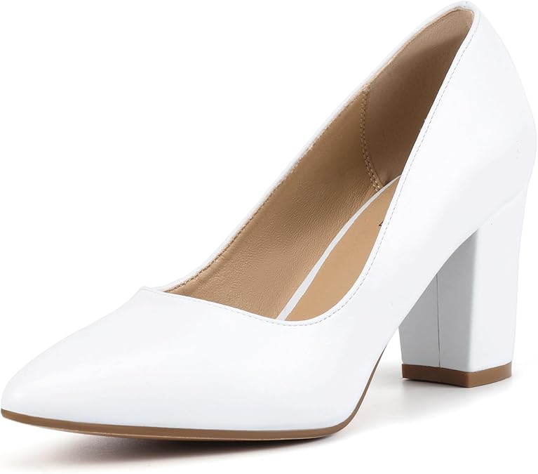 IDIFU Women's IN3 Classic Pumps Closed Toe Heels High Chunky Block Work Office Heels Comfortable Wedding Bridal Party Pointed Toe Dress Shoes for Women