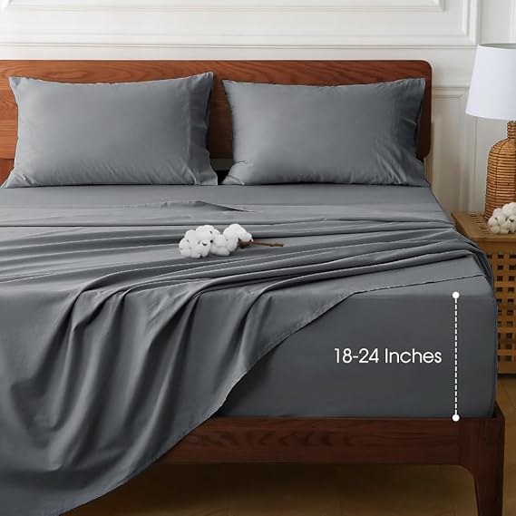 HYPREST Deep Pocket Twin Sheets 100% Cotton Extra Deep 18-24 Inch Grey 3pc