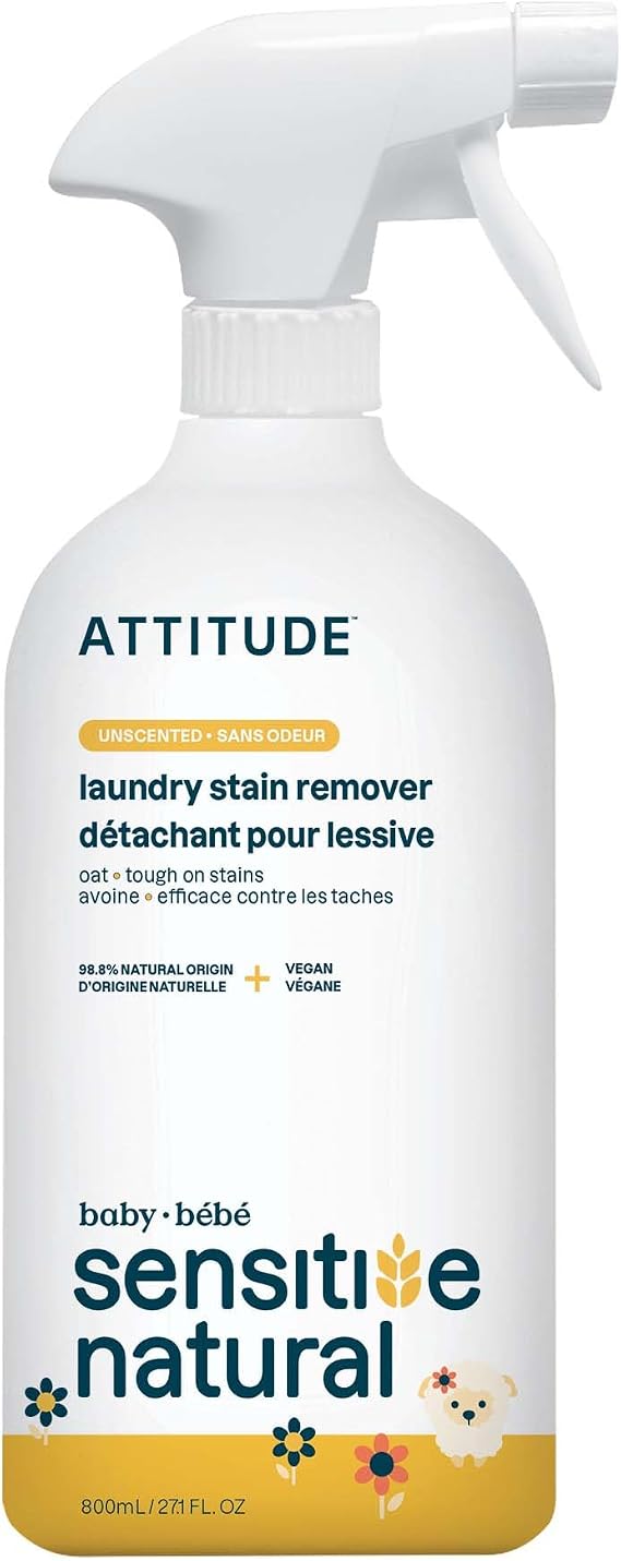 ATTITUDE Laundry Stain Remover for Baby Clothes, Plant- and Mineral-Based Ingredients, Vegan and Cruelty-free Laundry Products for Sensitive Skin, Unscented, 27 Fl Oz
