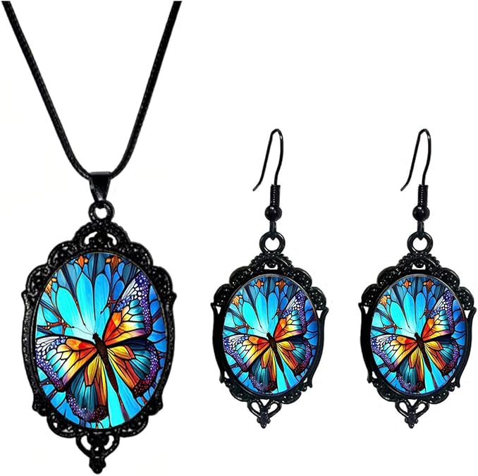 Gothic Jewelry Set Butterfly Necklace Earrings for Women Costume Party