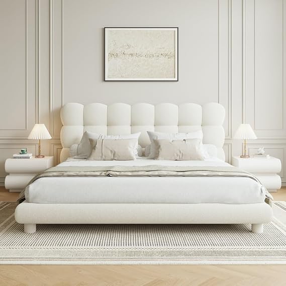 homary White Boucle Upholstered Queen Bed Frame, Modern Platform Bed with Tufted Headboard, Soft Boucle Fabric & Carbon Steel Slats, No Box Spring Needed, Fits Queen Mattress 60" x 80"
